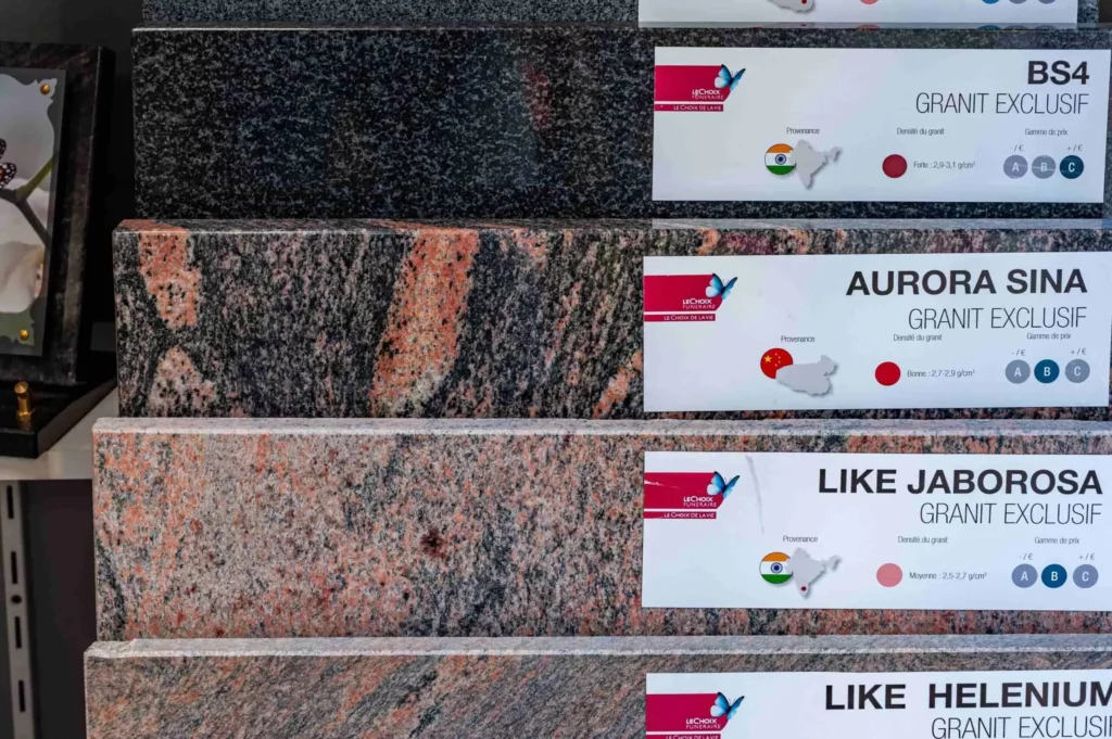 Échantillons de différents granites exclusifs pour monuments funéraires.